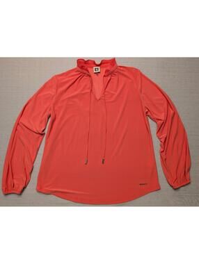 Anne Klein Coral Sport Long Sleeve Blouse With Ruffled Neck Medium